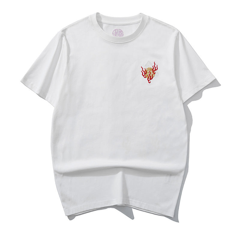 Black thread embroidery dragon pattern T-shirt