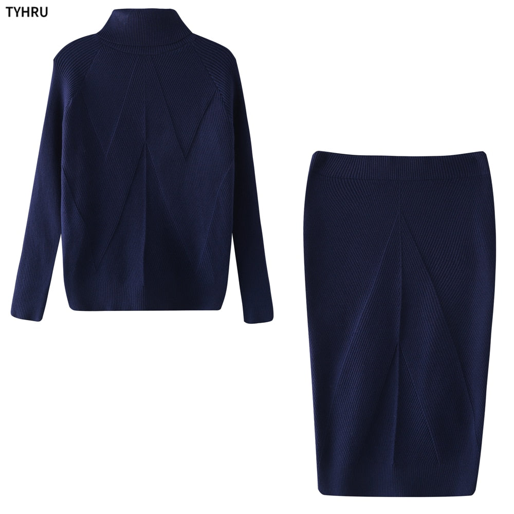 Turtleneck top + skirt knit Two-Piece