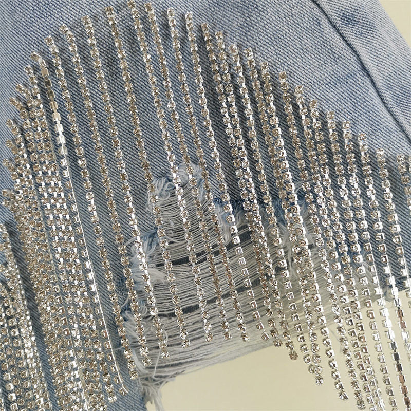 Tassel chain denim shorts