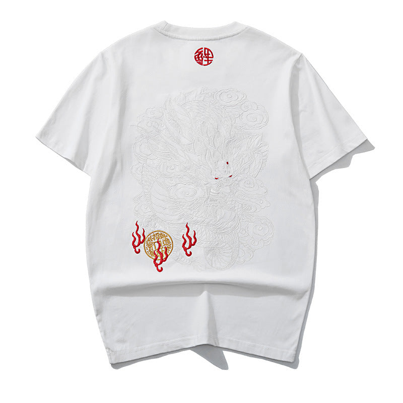 Black thread embroidery dragon pattern T-shirt