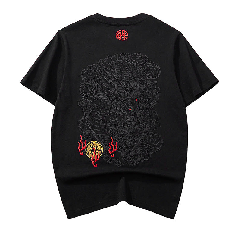 Black thread embroidery dragon pattern T-shirt