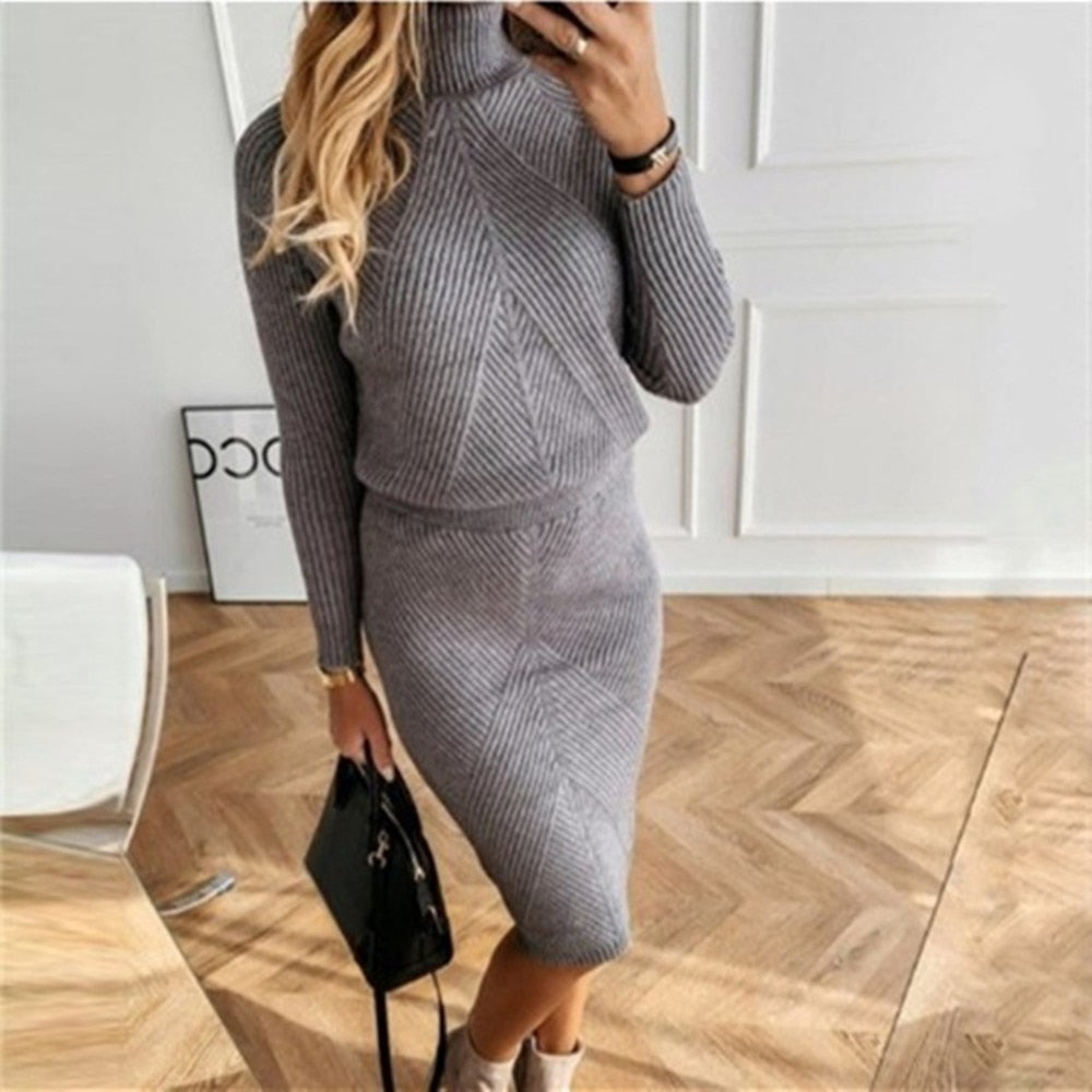 Turtleneck top + skirt knit Two-Piece