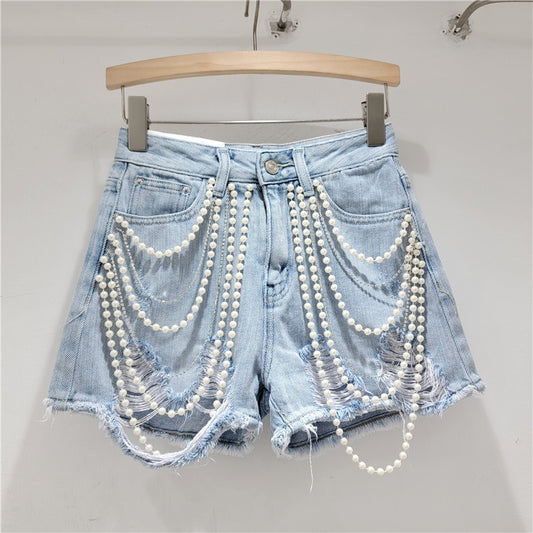 Handmade chain bead denim shorts