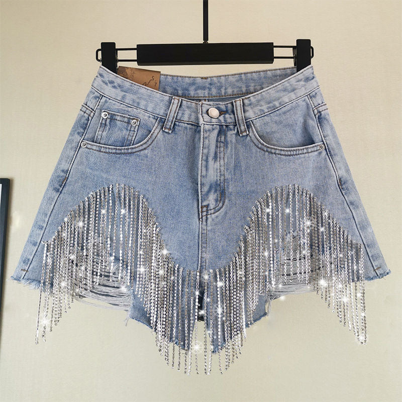 Tassel chain denim shorts