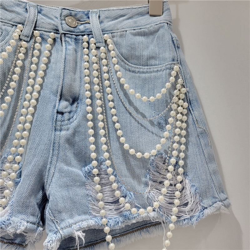 Handmade chain bead denim shorts