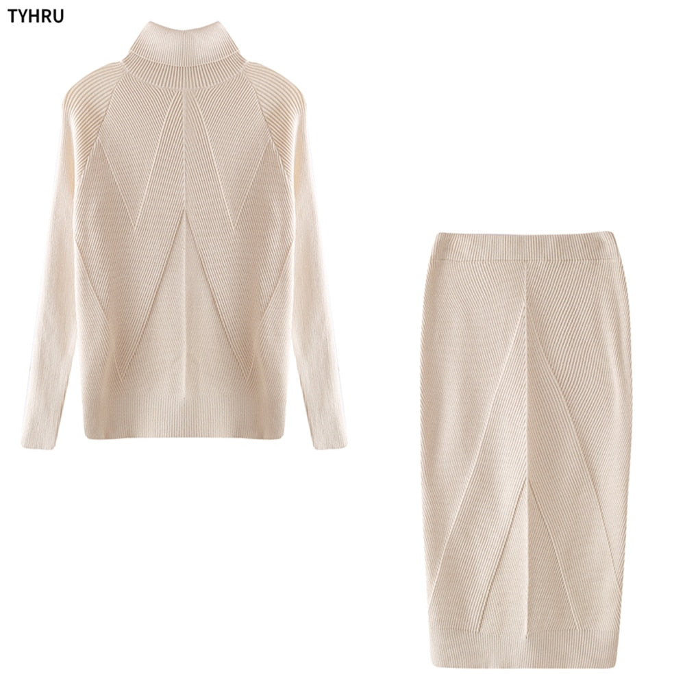 Turtleneck top + skirt knit Two-Piece