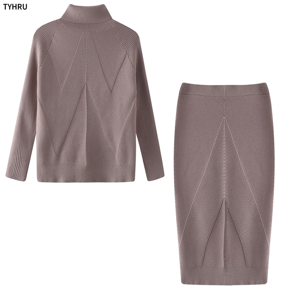 Turtleneck top + skirt knit Two-Piece