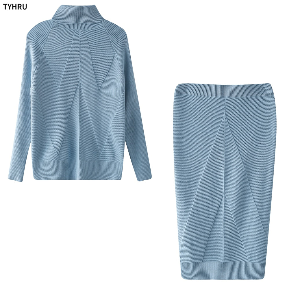 Turtleneck top + skirt knit Two-Piece