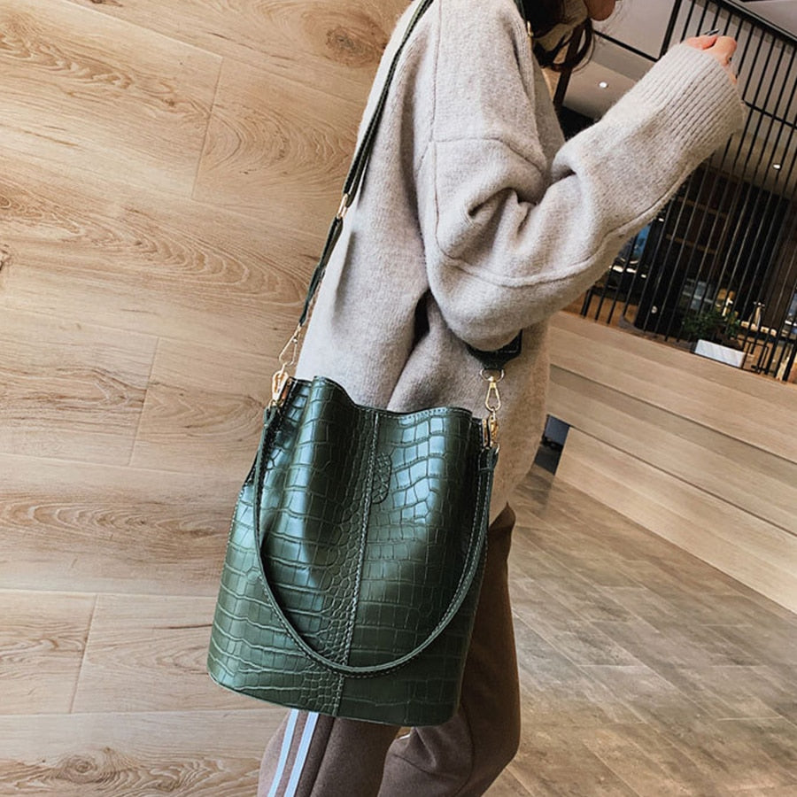 Crocodile textured bucket bag