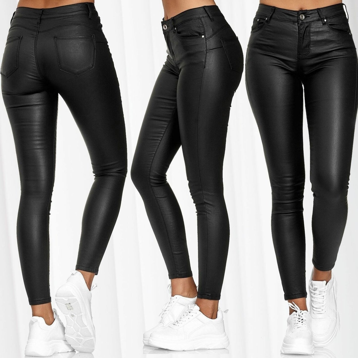 High Waist Solid Leather Casual Pants