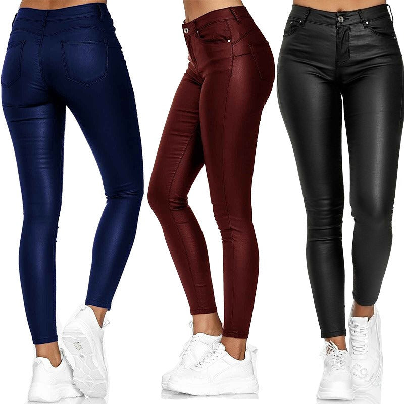 High Waist Solid Leather Casual Pants