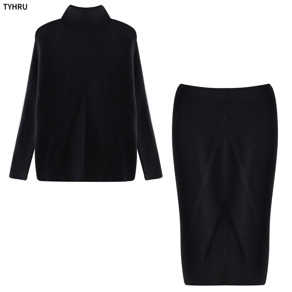 Turtleneck top + skirt knit Two-Piece