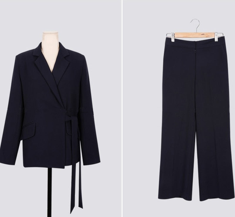 Side bandage notched collar and wide leg pant suit