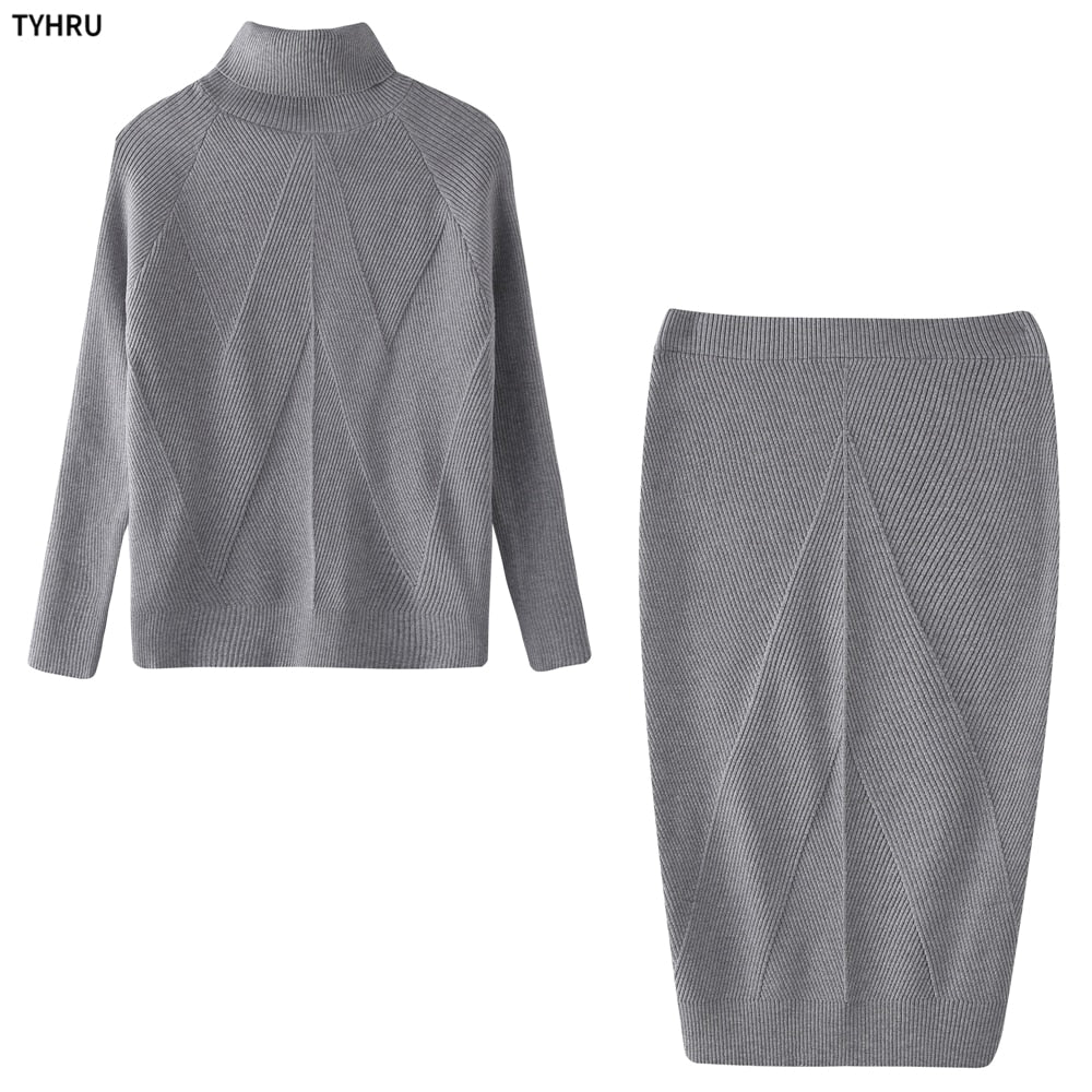 Turtleneck top + skirt knit Two-Piece