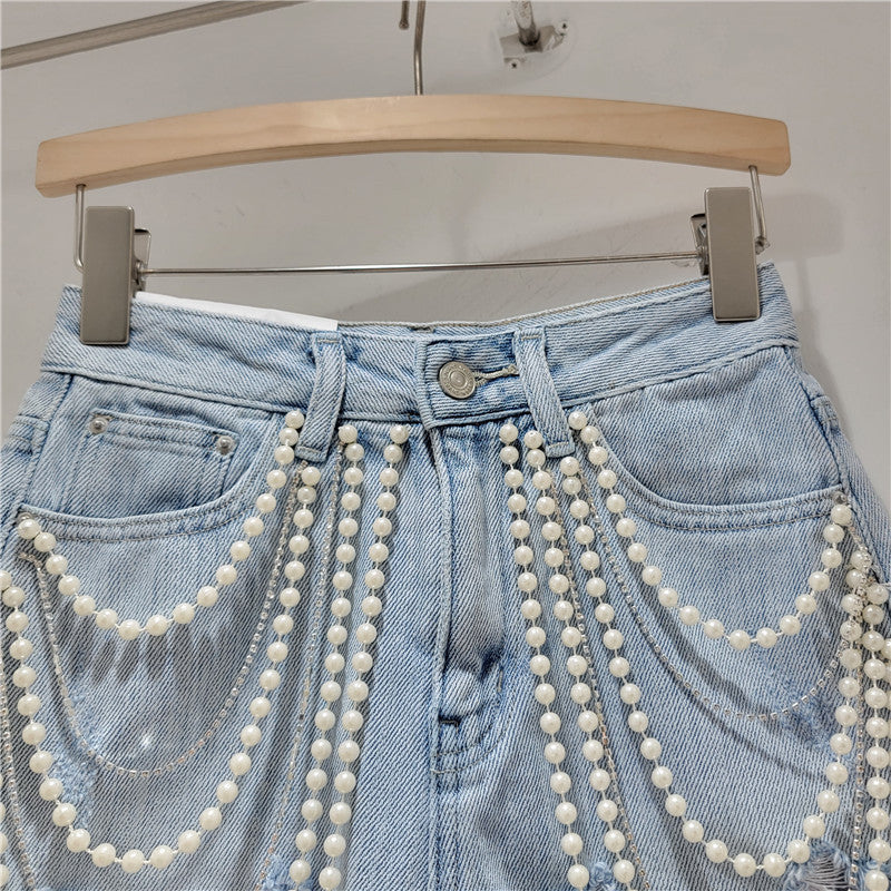 Handmade chain bead denim shorts