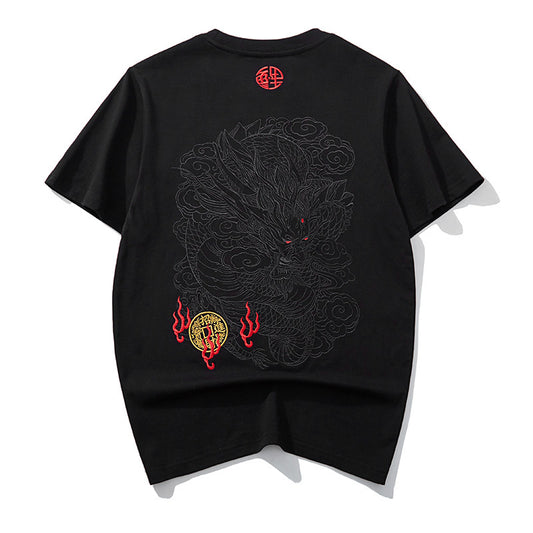 Black thread embroidery dragon pattern T-shirt