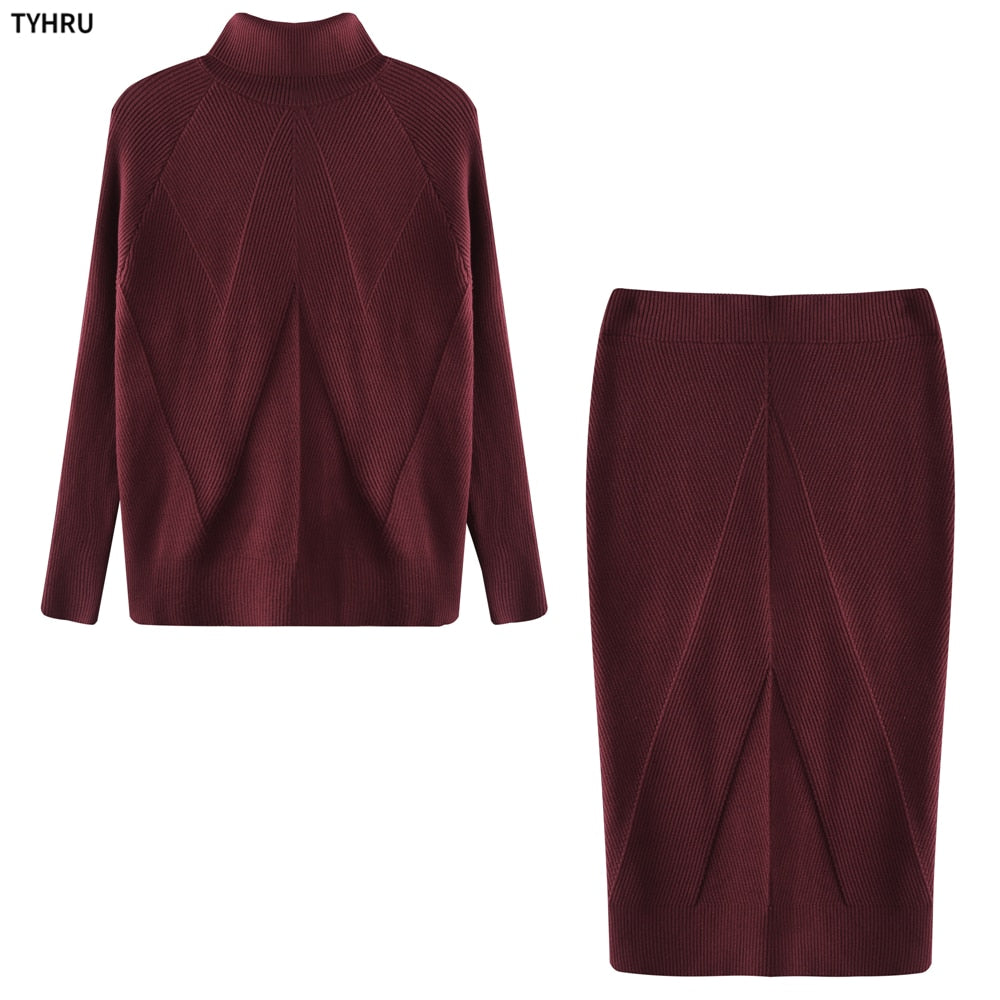 Turtleneck top + skirt knit Two-Piece