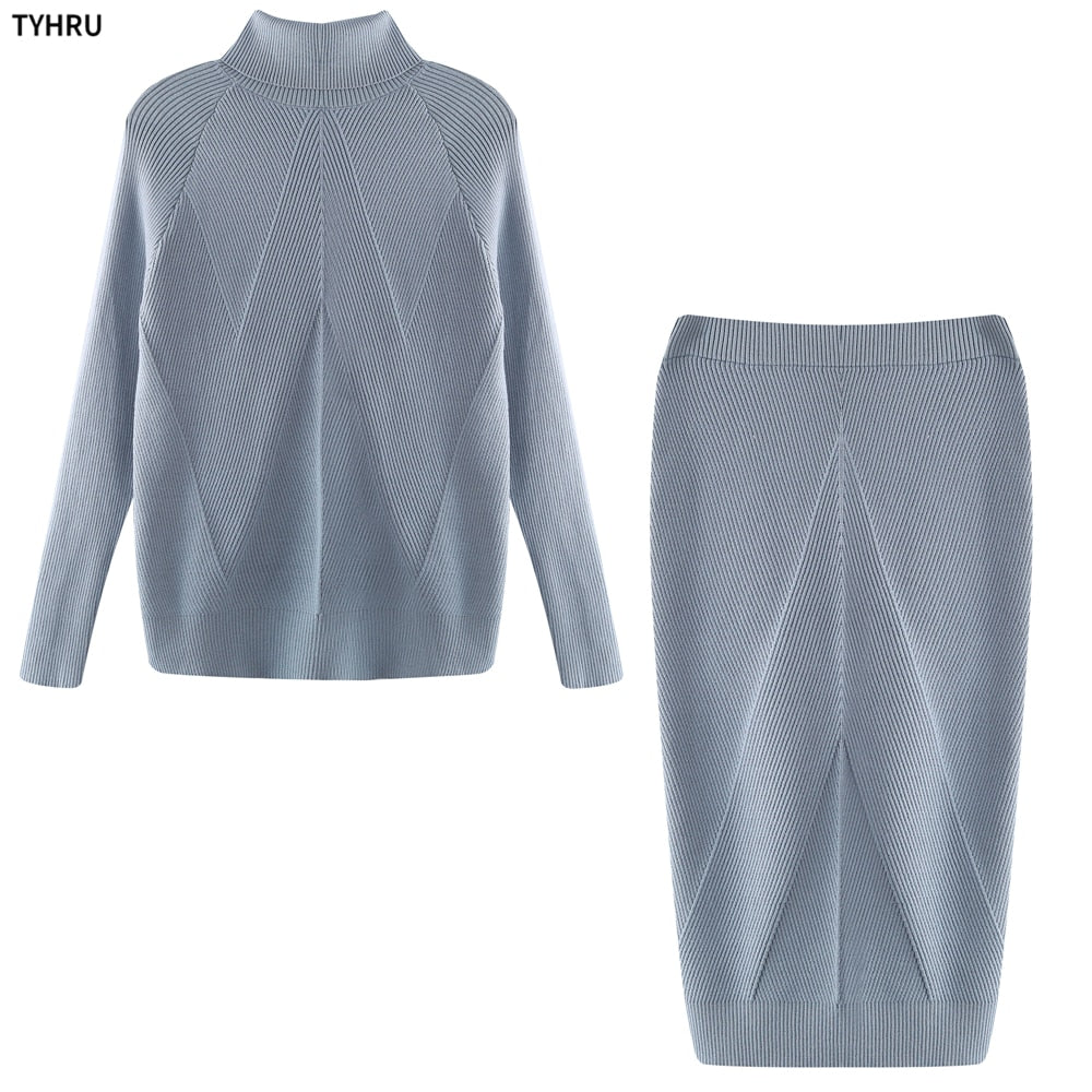 Turtleneck top + skirt knit Two-Piece