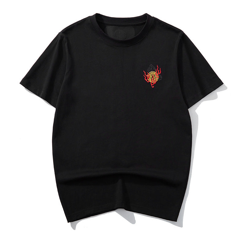 Black thread embroidery dragon pattern T-shirt